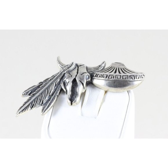 Vintage Sterling Silver Western Pin Brooch Steer Feather and Bowl - Picture 3 of 5